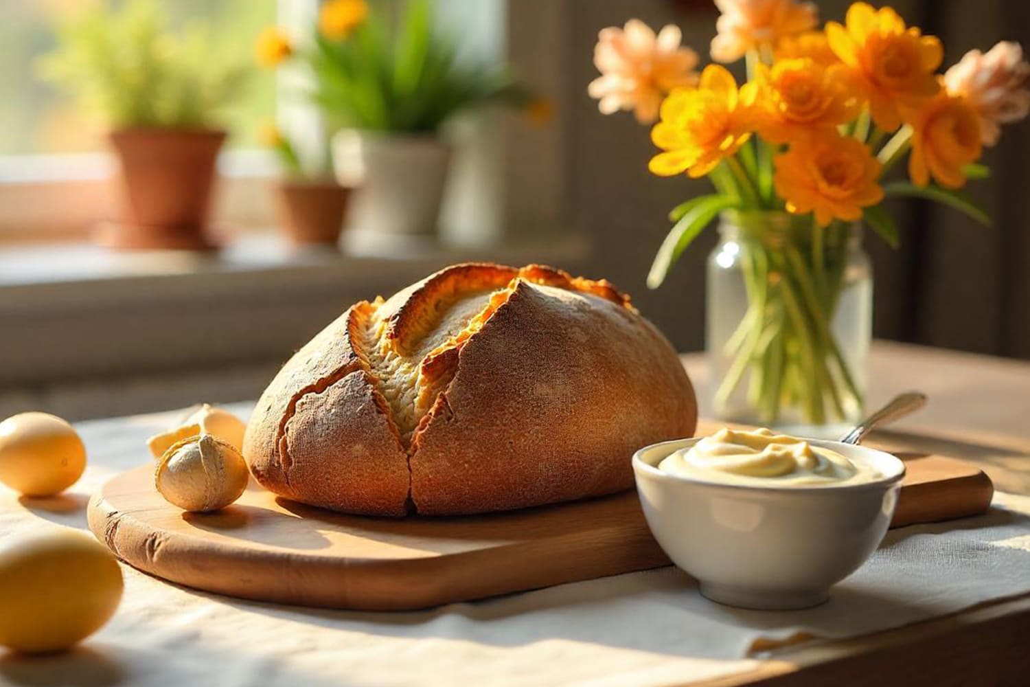 Selbstgebackenes Dinkel-Roggen-Brot mit Curry Dattel Dip - Rezept von TeVi für deinen perfekten Osterbrunch * Bild mit KI bearbeitet (Magnific, Adobe)