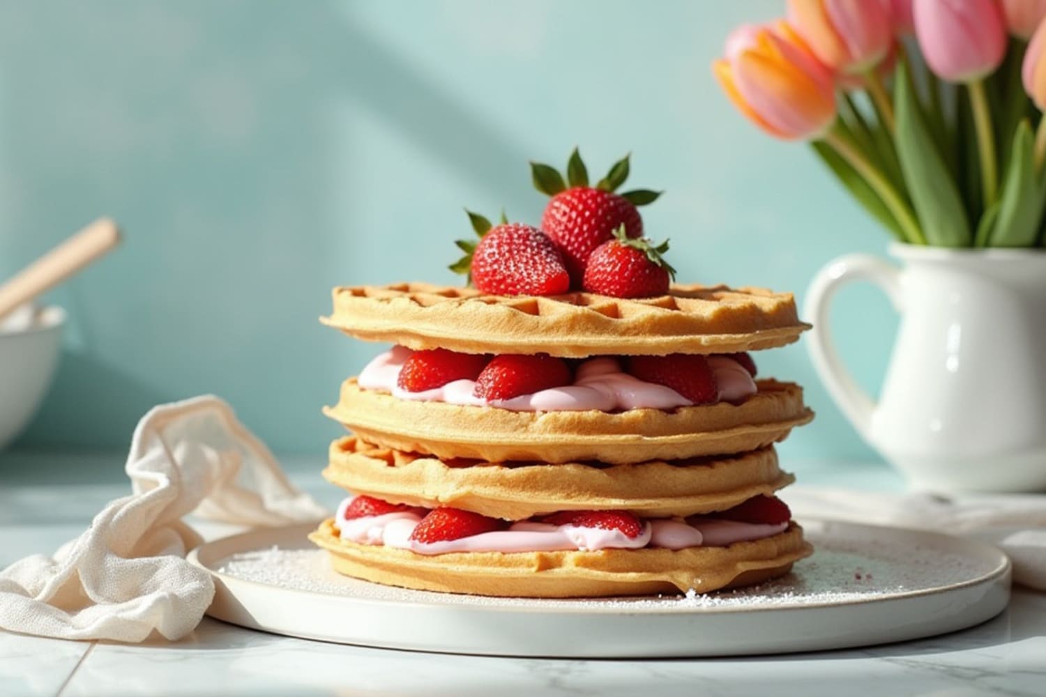 Waffeltorte zum Muttertag mit dem Caso Waffeleisen * Bild mit KI bearbeitet (Magnific, Adobe)