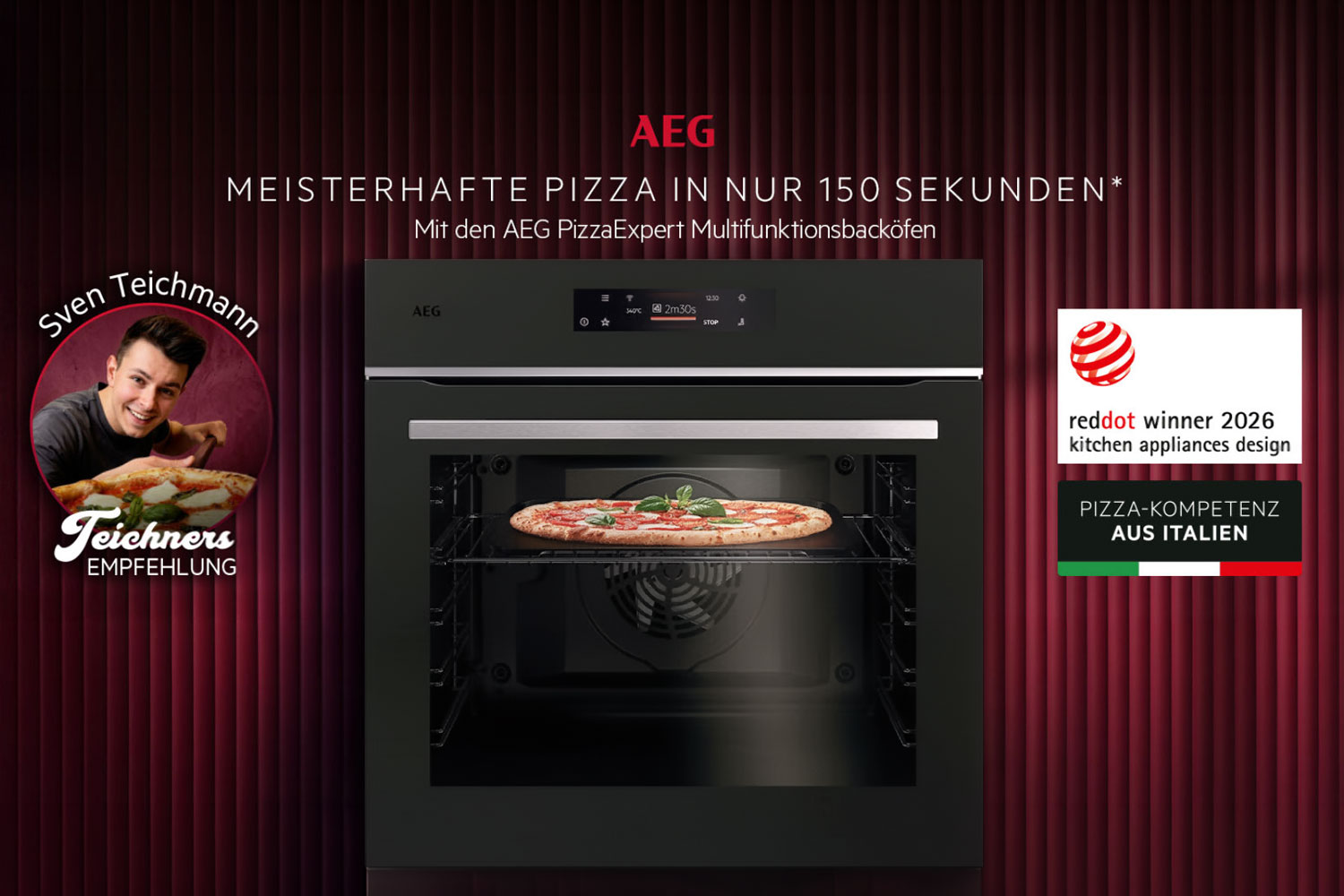 AEG EX74PPV1B PizzaExpert Backofen im Test – Pizza in 150 Sekunden erleben | Live mit Sven Teichmann in Nürnberg © AEG * Bild mit KI bearbeitet (Magnific, Adobe)