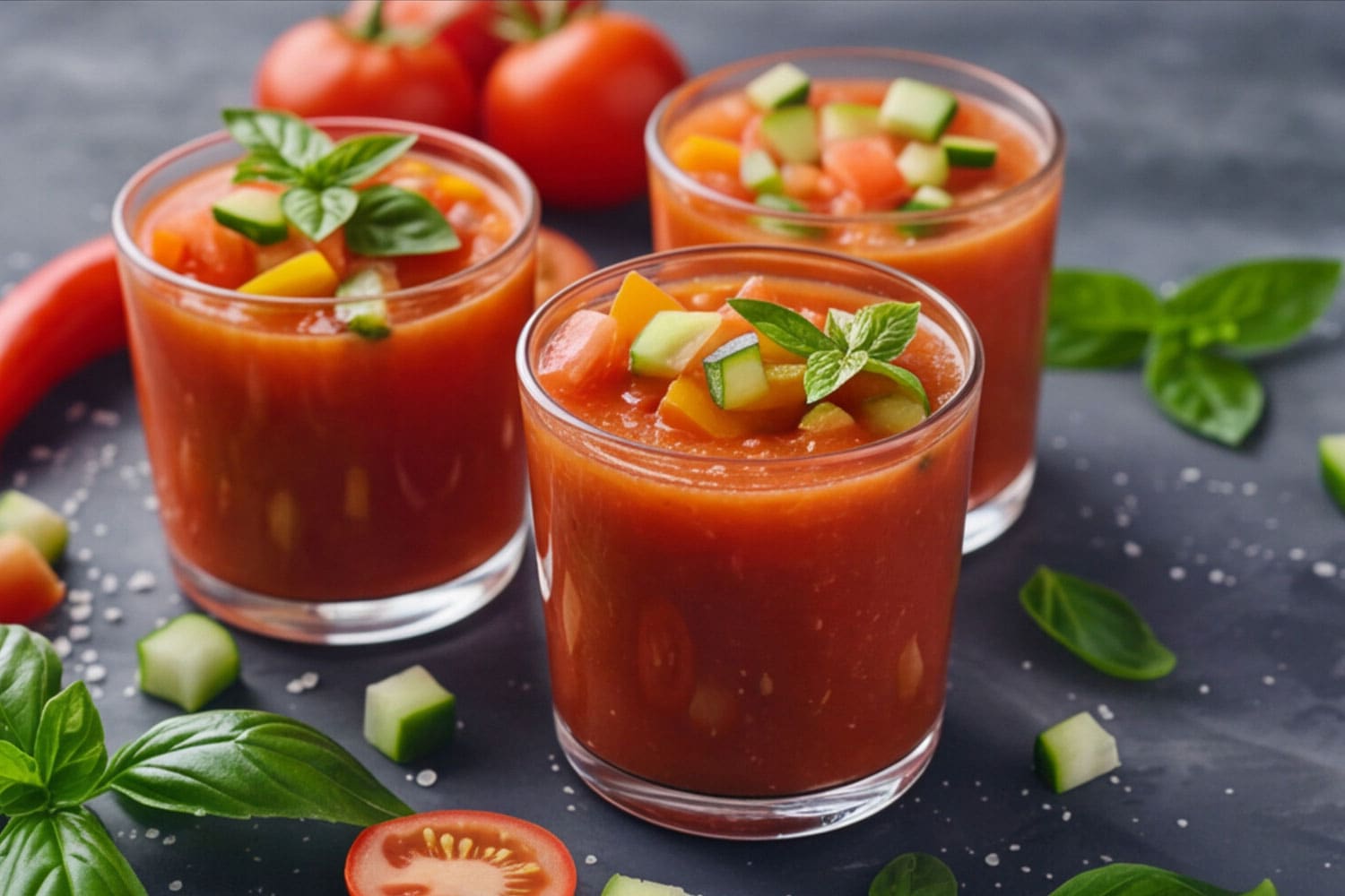 Frozen Gazpacho Sommersuppe aus der Ninja Slushi * Mit KI bearbeitet (Magnific/Adobe)
